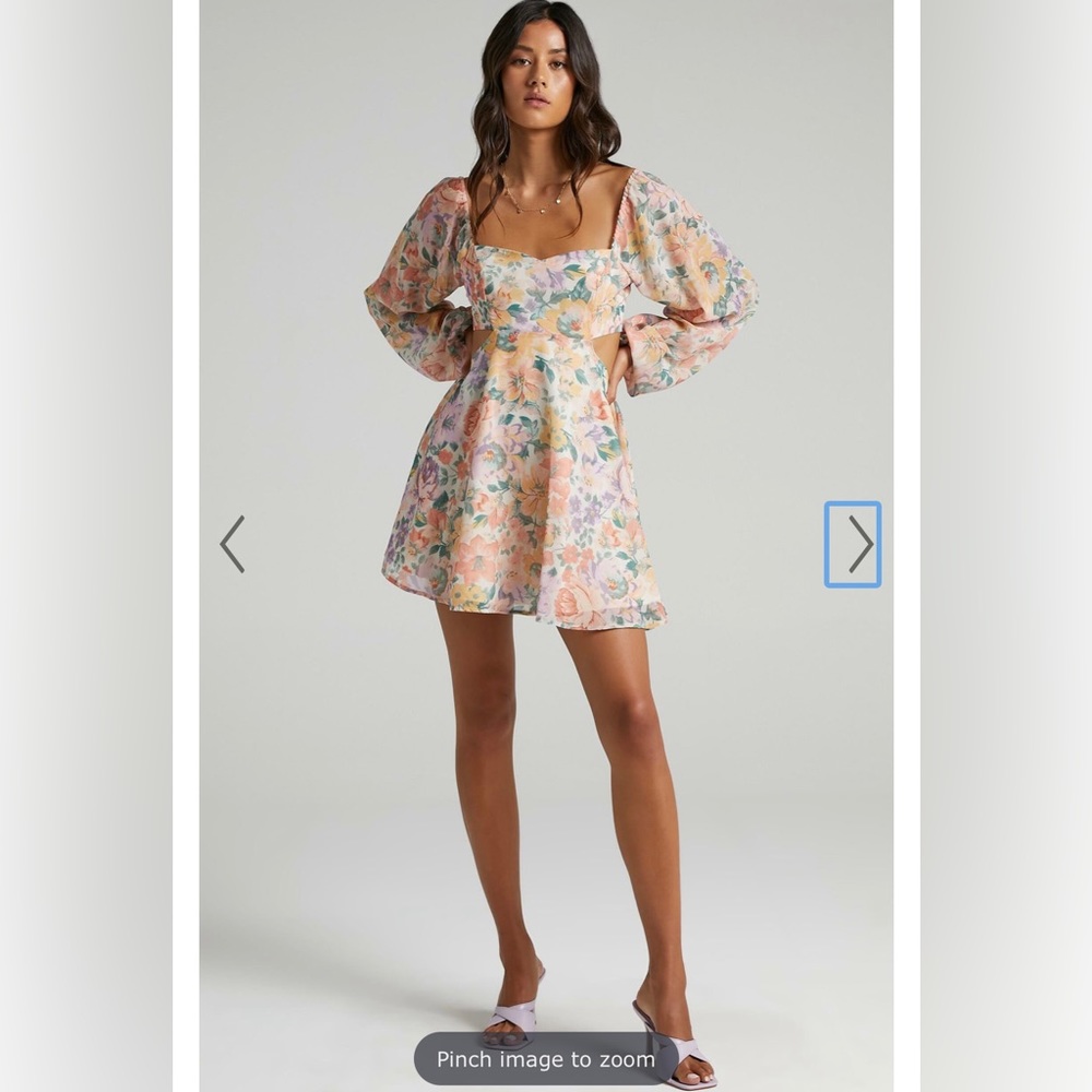 Ebonee Mini Dress - Puff Sleeve Cut Out Dress in Flower Crown